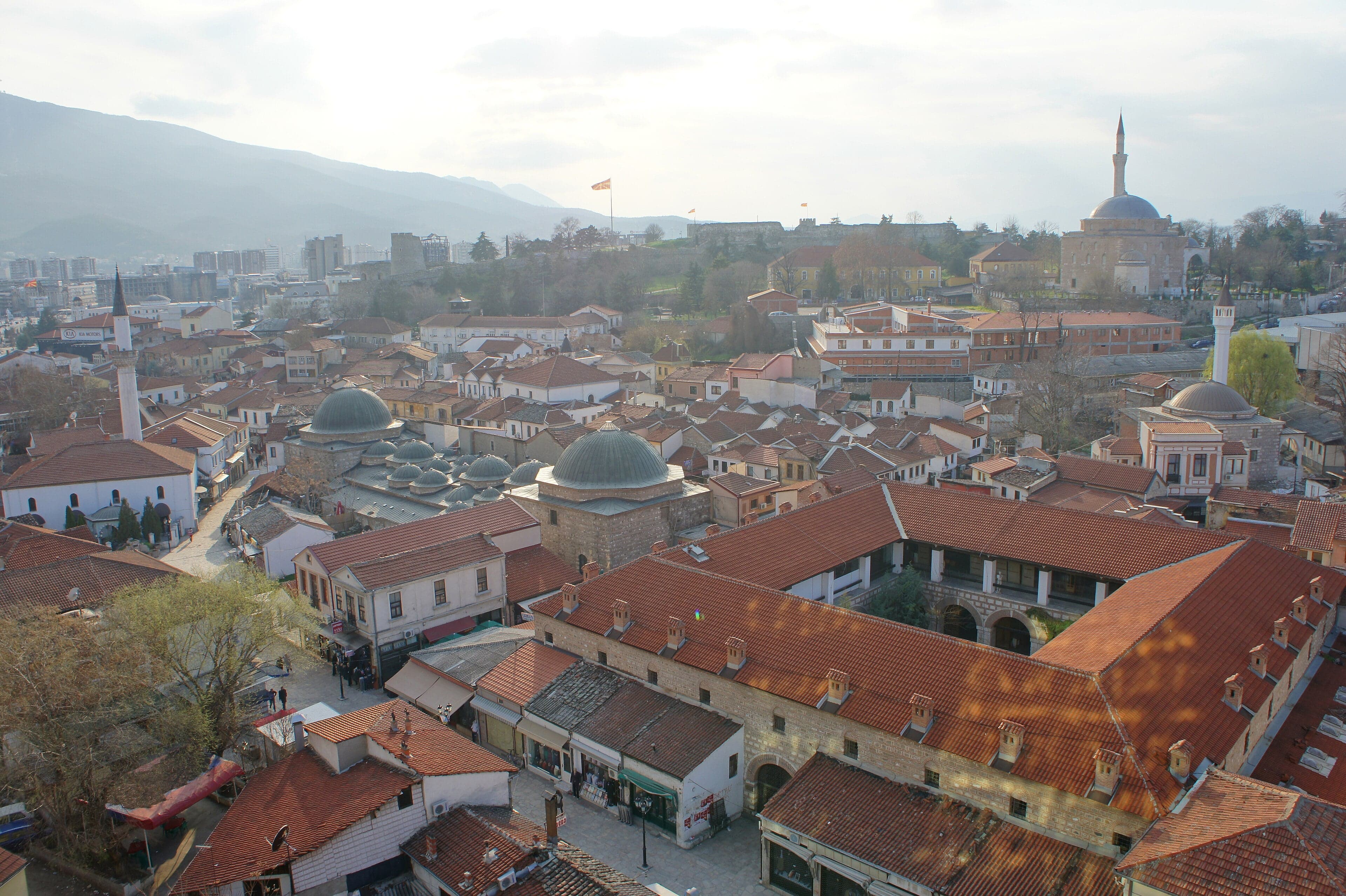 Colourful market stalls and stone-paved lanes inside the Skopje Old Bazaar