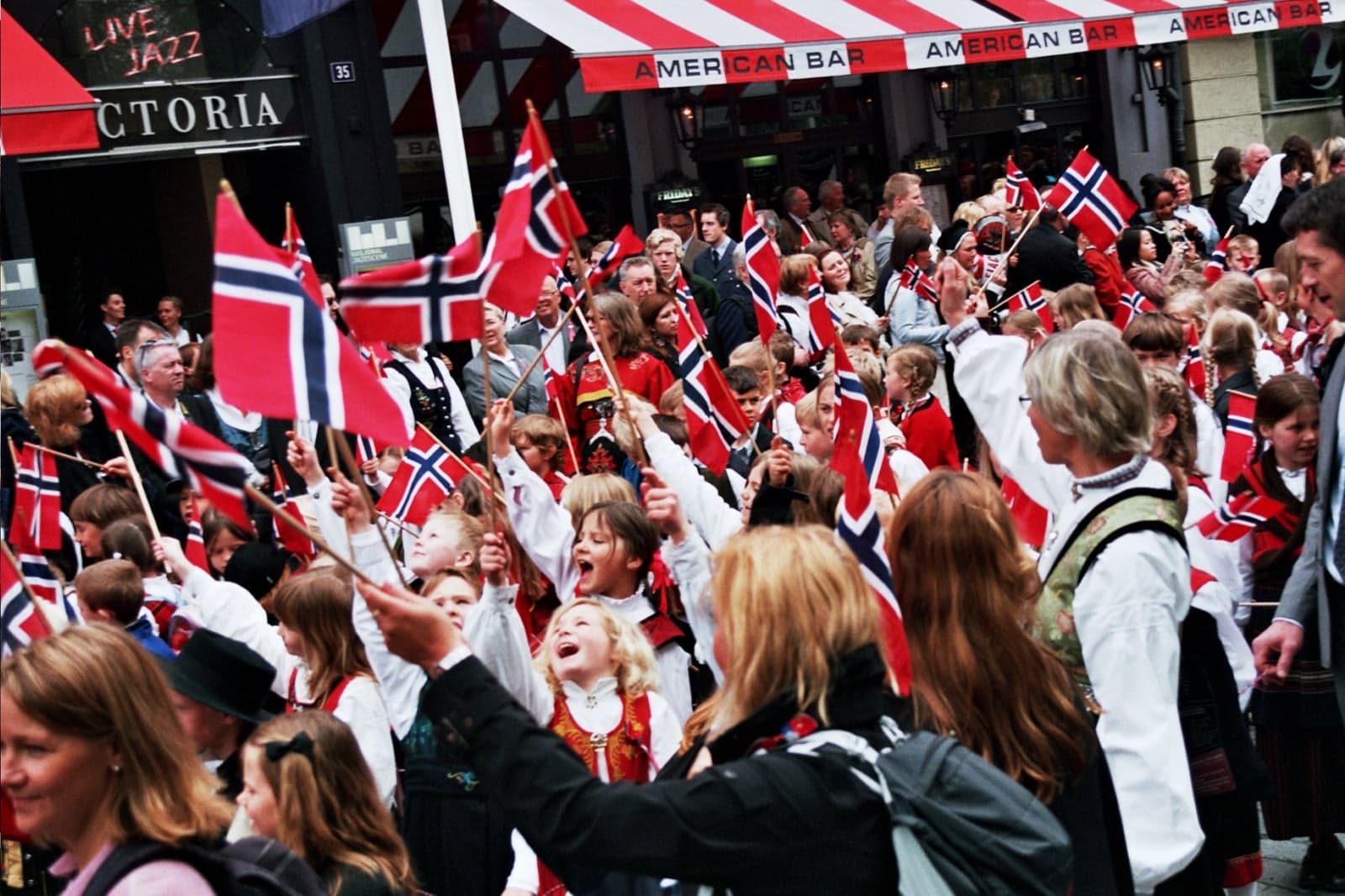 A Norwegian children's parade with flags on 17 May