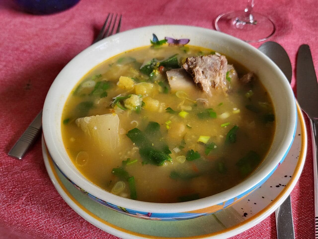 A steaming bowl of sancocho soup with chicken, yam and herbs