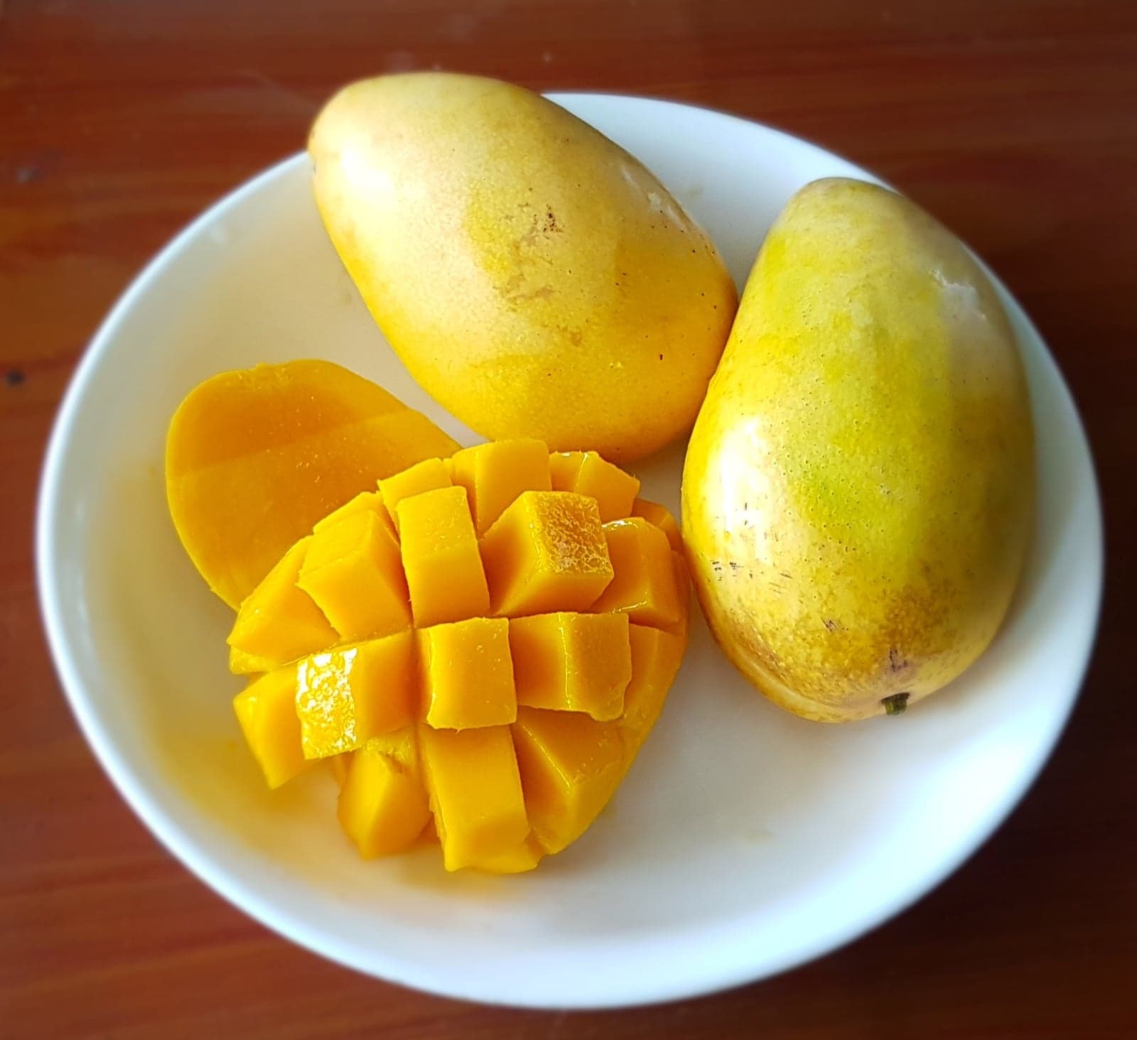 Two yellow Philippine carabao mangoes with one cut hedgehog-style in a bowl