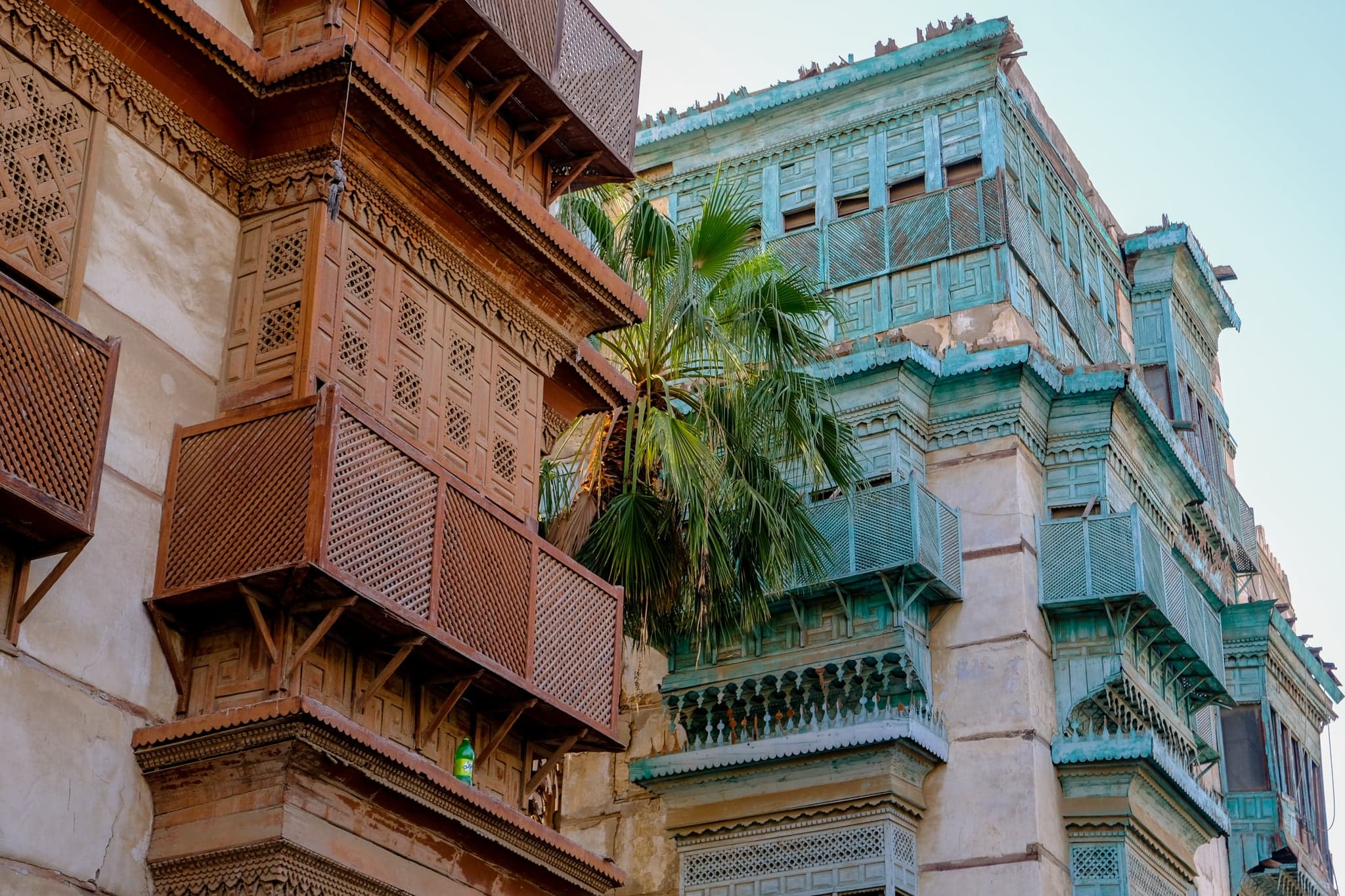 Traditional coral-stone houses with wooden Roshan windows in Al Balad, Jeddah