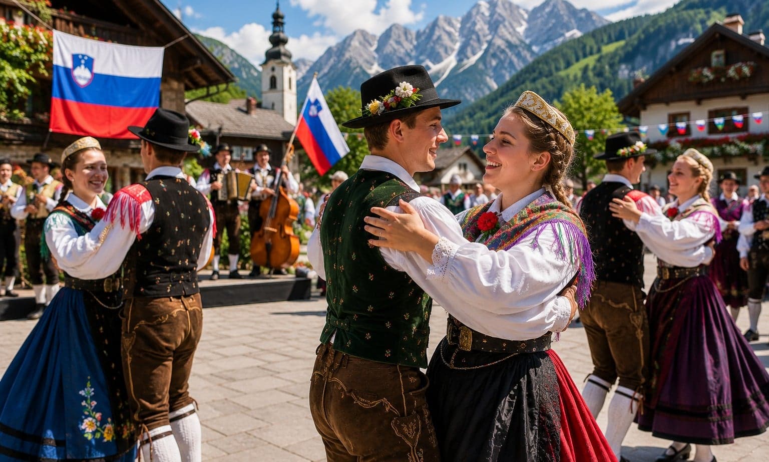 Dancers in Slovenian folk costumes performing a circle dance