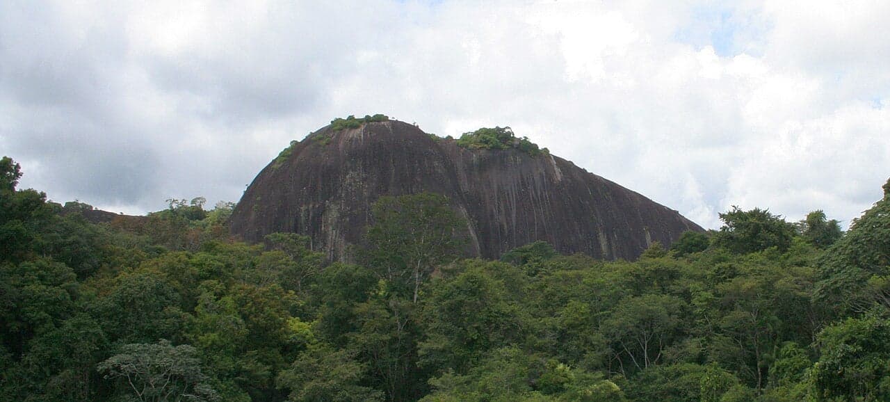 The smooth grey dome of Voltzberg rising above the jungle canopy in Suriname