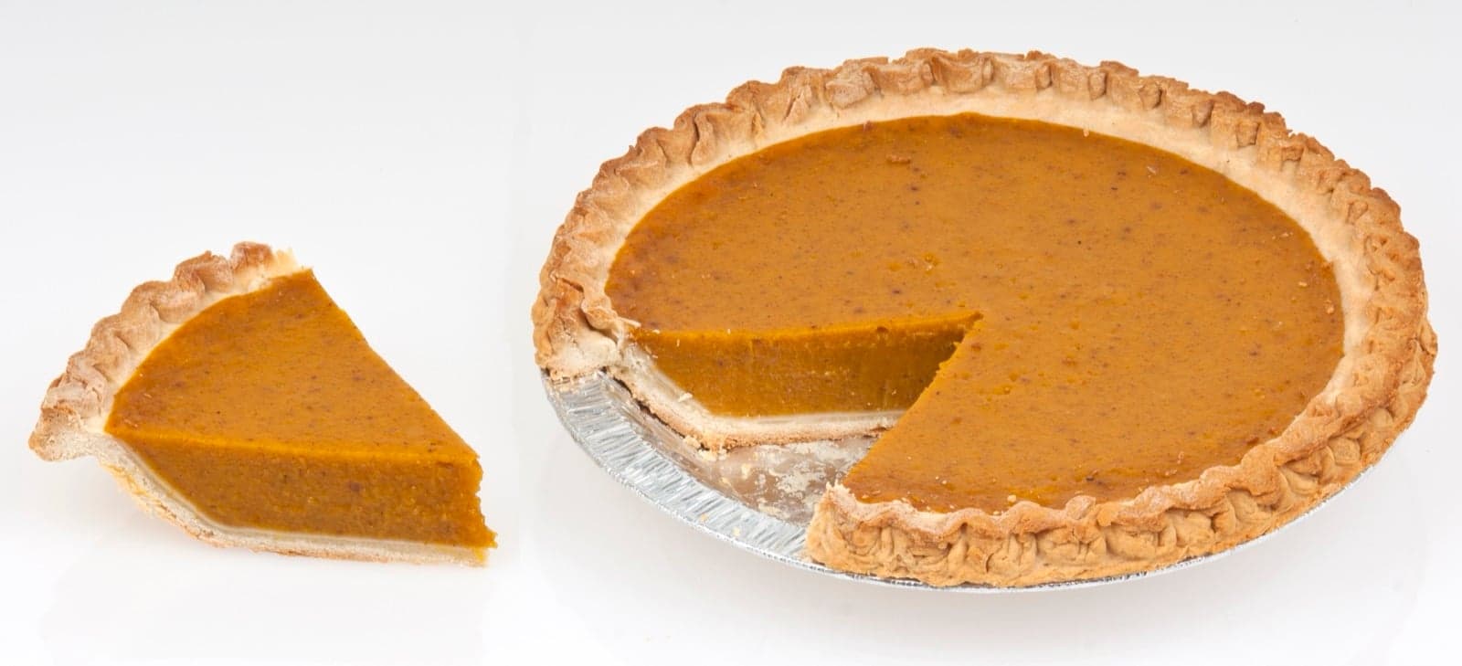 A whole pumpkin pie and a single slice on a white background
