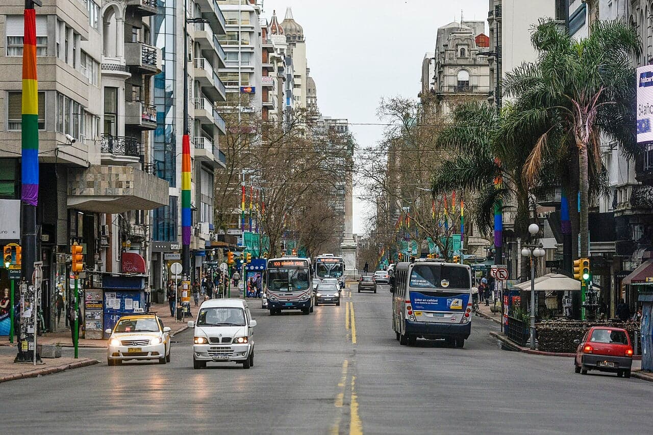 The skyline of Montevideo seen from the Rambla waterfront promenade