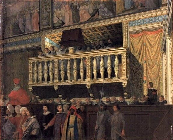 Boy choristers singing in a grand ornate hall